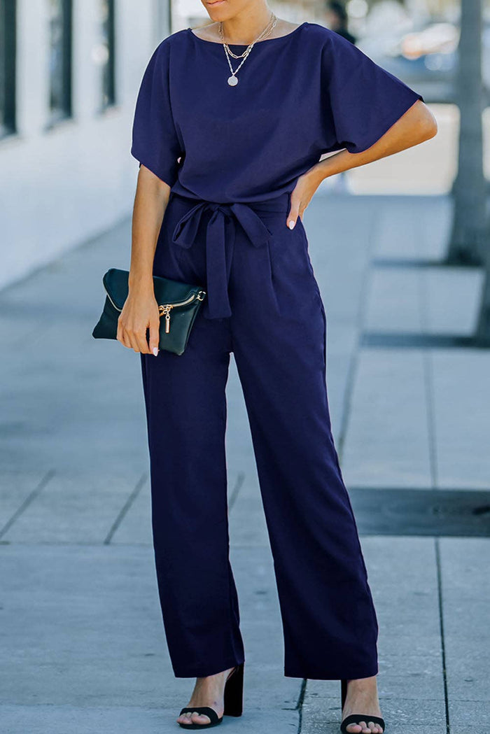 Belted Wide Leg Jumpsuit: Blue