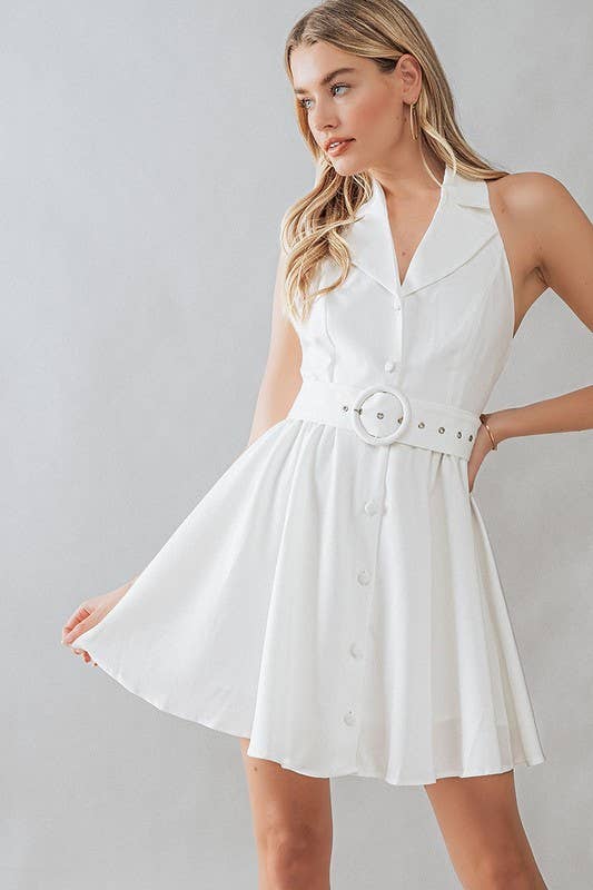 Halter Neck Button-Down Mini Dress in White