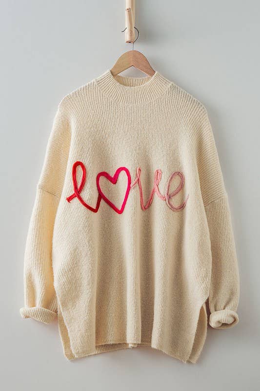 Cream Oversized Love Embroidery Rib Knit Sweater