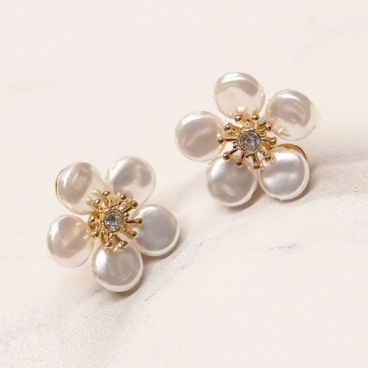 Flower Pearl Stud Earrings: Gold & White