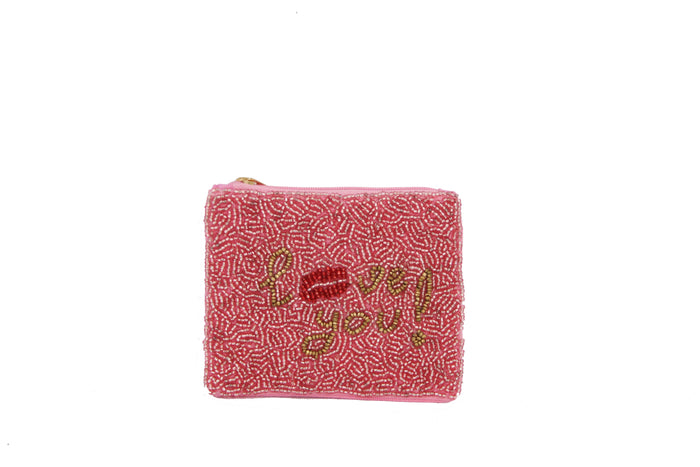 Ladies Pink Fully Beaded LOVE YOU Coin Purse